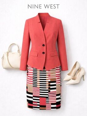 Nine West Tailored Skirt Suit Set Coral Blazer Pencil Skirt Office Career Wear